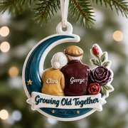 Growing Old Together Couple Keepsake, Elderly Pair on Crescent Moon Ceramic Decor - 3D Relief Ornament