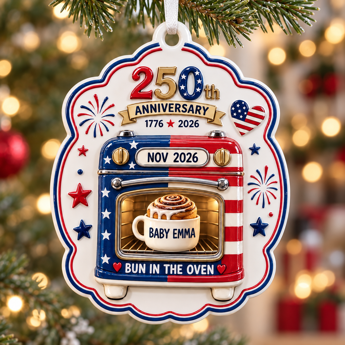 Patriotic 250th Anniversary Bun in the Oven Pregnancy Announcement Keepsake - 3D Relief Ornament