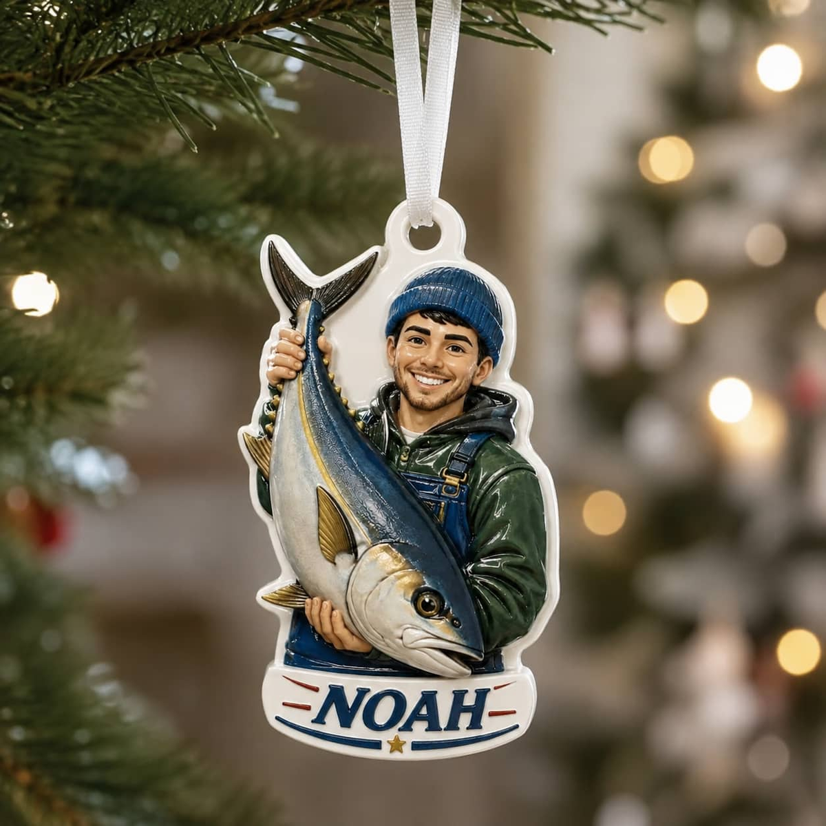 Fisherman Christmas Tree Keepsake Holding Saltwater Tuna Catch - 3D Relief Ornament