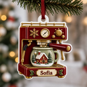 Retro Espresso Coffee Machine with Winter Village Mug Holiday Decor - 3D Relief Ornament