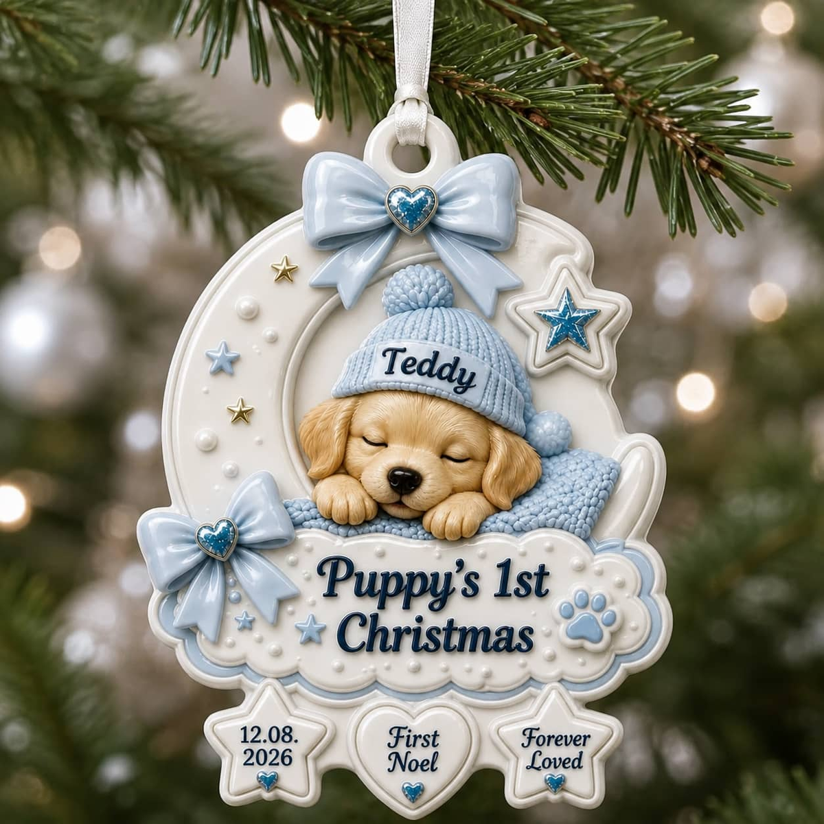 Puppy’s First Christmas Crescent Moon Holiday Decor, Blue Bow and Sleeping Puppy Design - 3D Relief Ornament