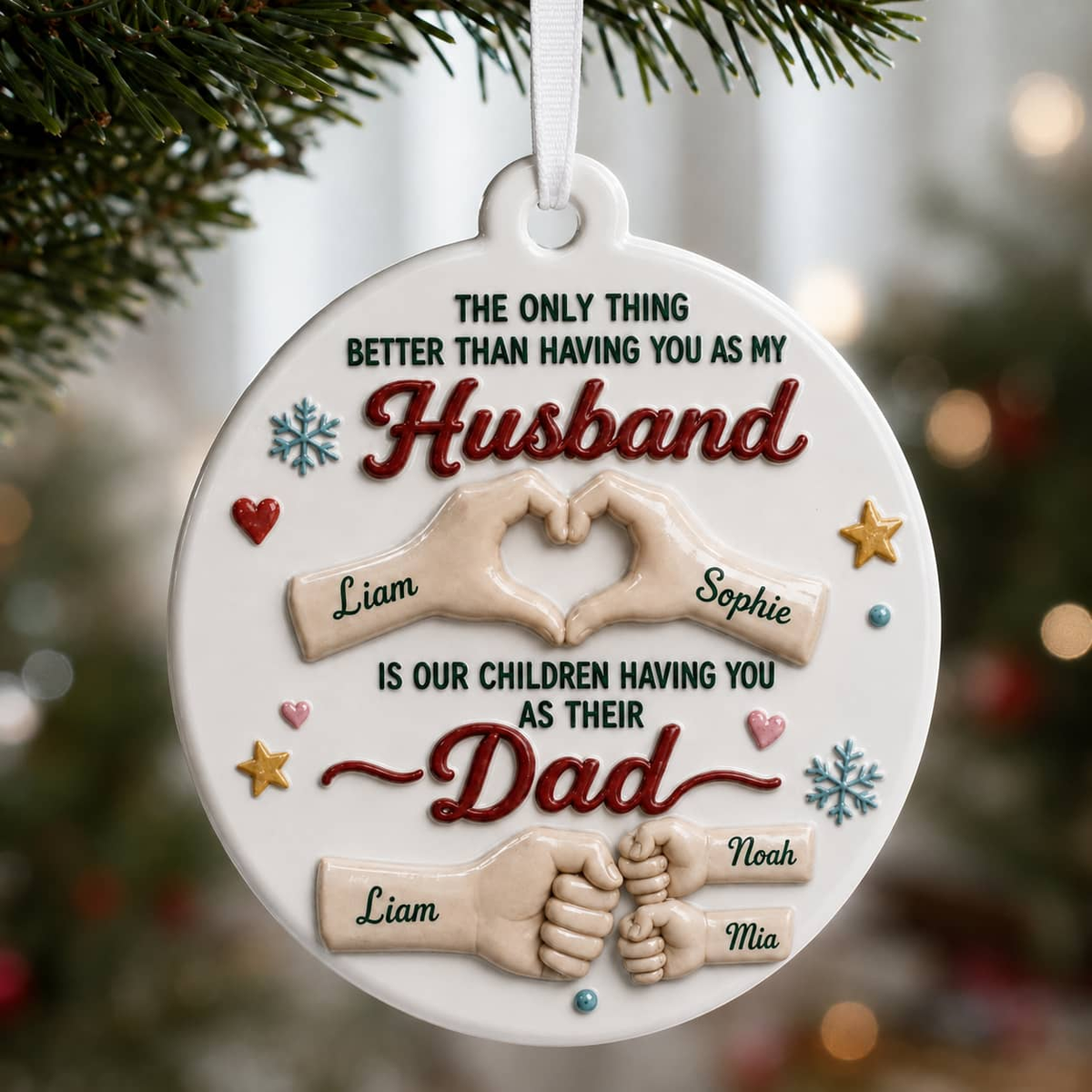 Husband and Dad Family Keepsake, Round White Fist Bump Heart Hands Hanging Decor - 3D Relief Ornament
