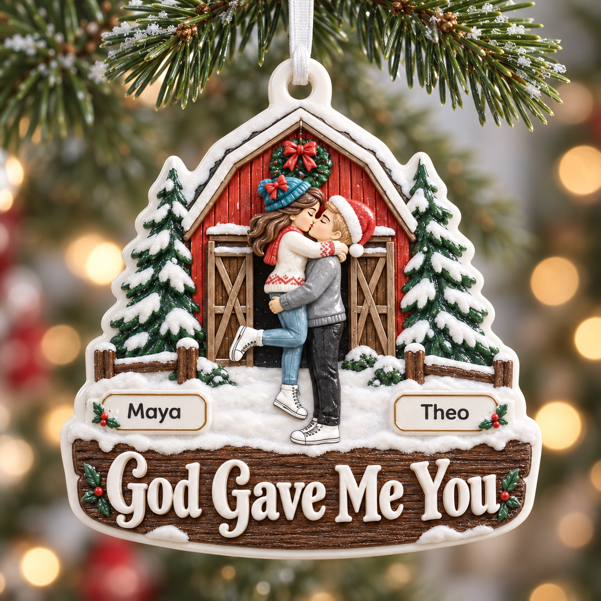 God Gave Me You Couple Winter Barn Cabin Christmas Hanging Keepsake - 3D Relief Ornament