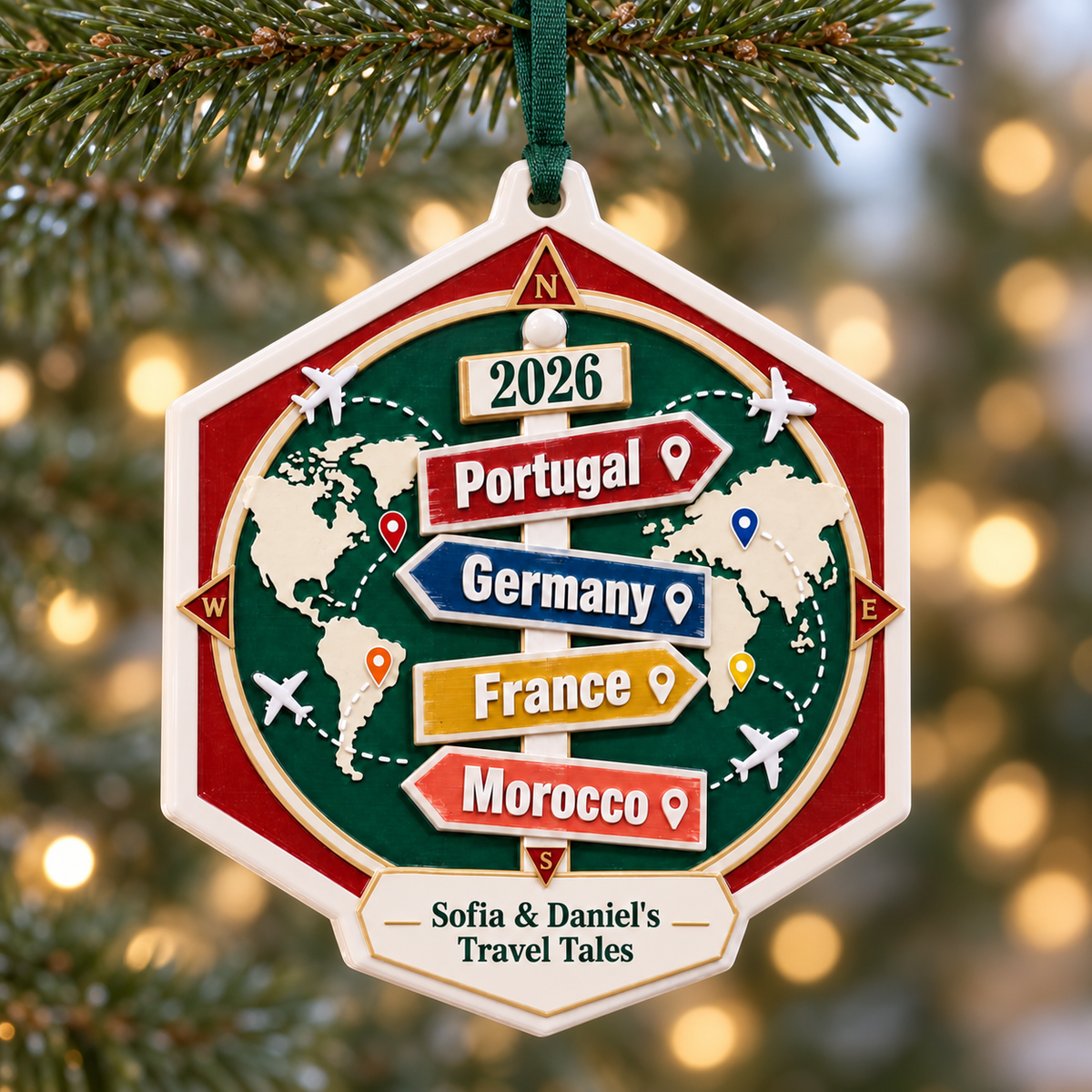 World Travel Map Vacation Signpost Compass Hexagon Hanging Keepsake - 3D Relief Ornament