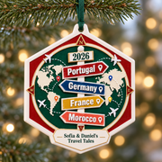 World Travel Map Vacation Signpost Compass Hexagon Hanging Keepsake - 3D Relief Ornament