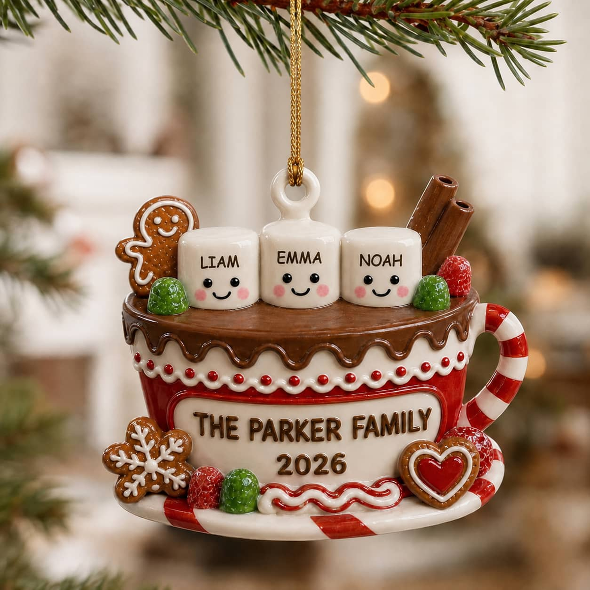 Hot Chocolate Mug Family Marshmallow Christmas Keepsake - 3D Relief Ornament