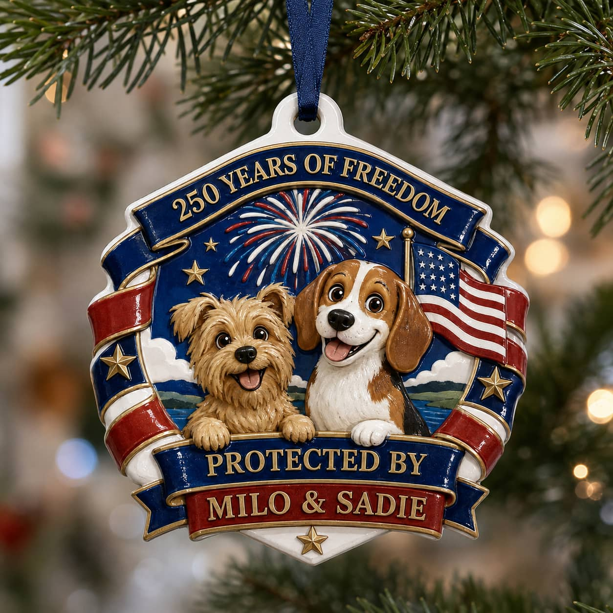 Patriotic Dogs Shield Christmas Tree Hanging Decor, 250 Years of Freedom - 3D Relief Ornament
