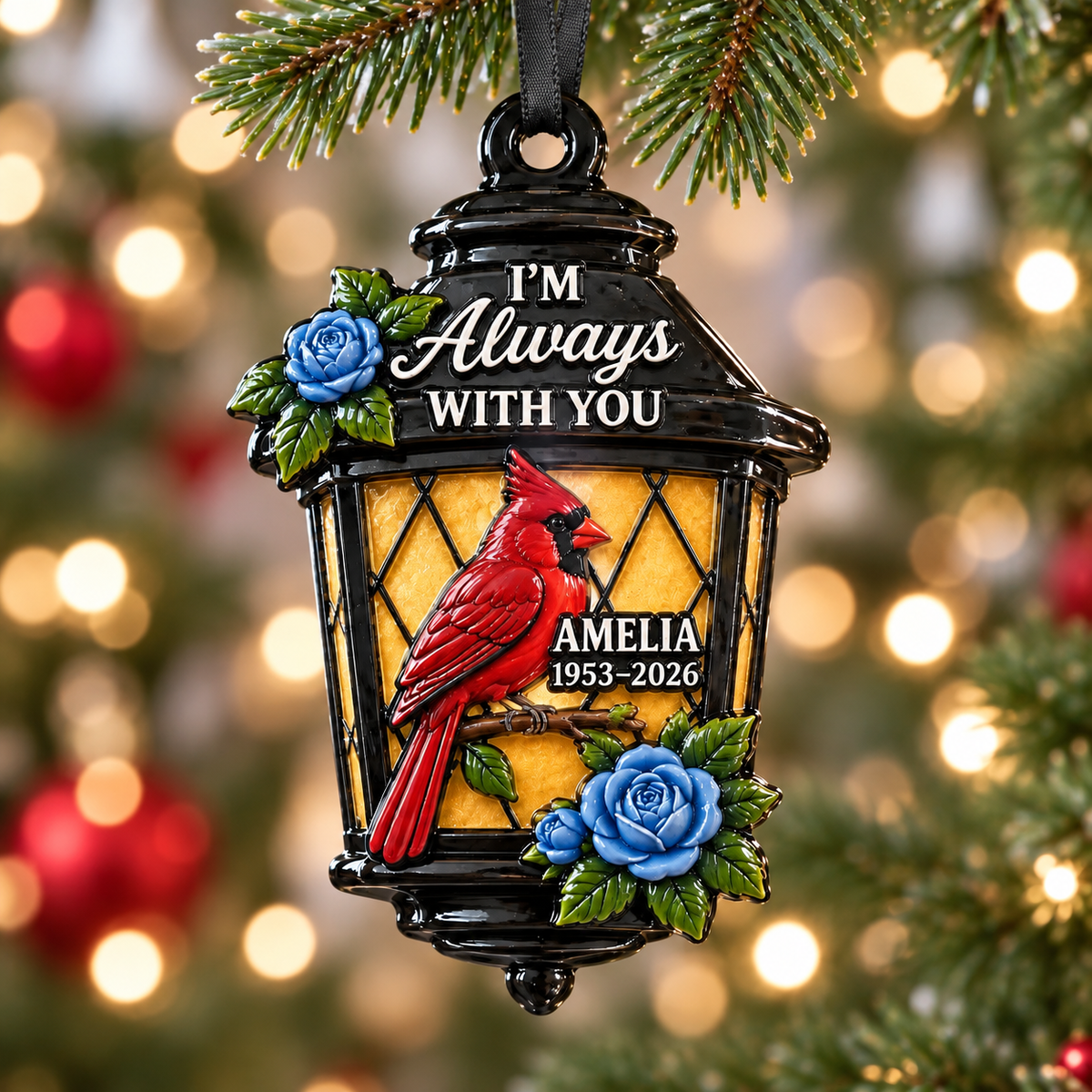 Red Cardinal Memorial Lantern Hanging Keepsake with Blue Roses - 3D Relief Ornament