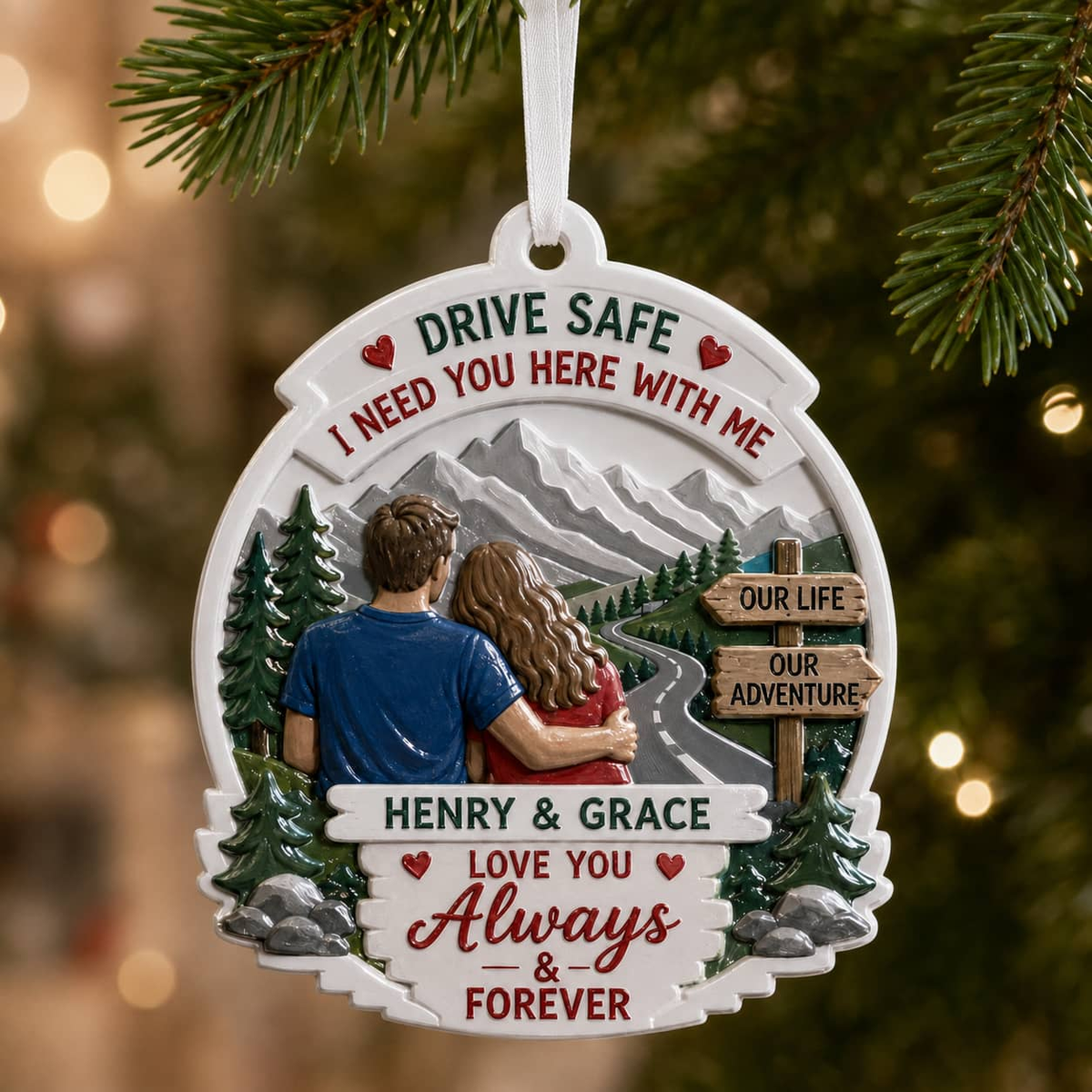 Drive Safe Couple Keepsake, Oval Mountain Scenery and Pine Trees Hanging Decor - 3D Relief Ornament