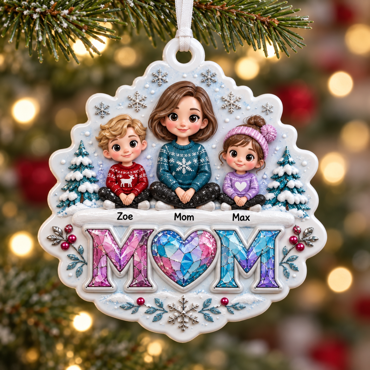 Mom and Two Children Winter Family Tree Hanging Decor with Snowflakes - 3D Relief Ornament