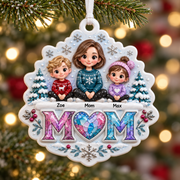 Mom and Two Children Winter Family Tree Hanging Decor with Snowflakes - 3D Relief Ornament