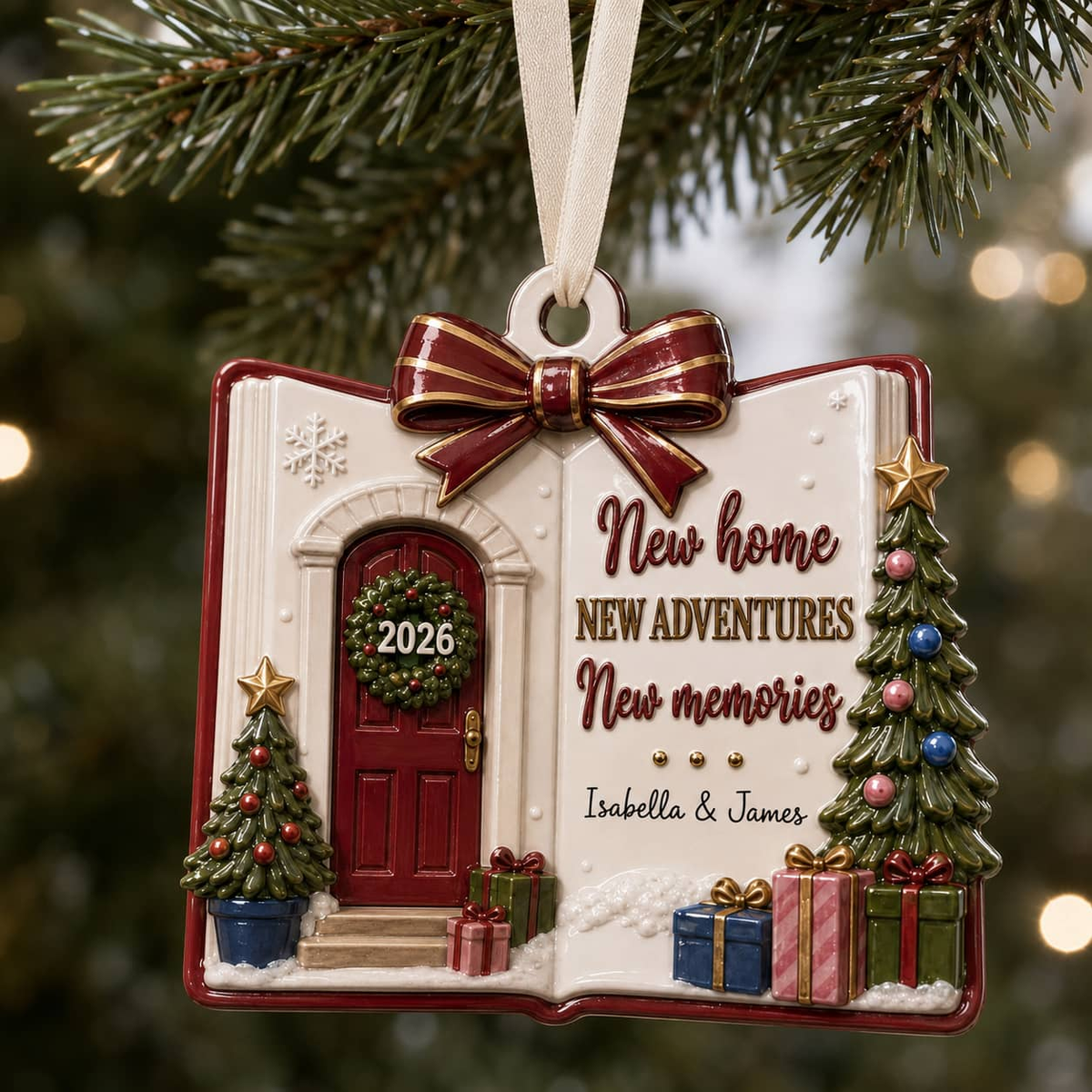 New Home Keepsake, Open Book Shape Red Front Door and Tree Holiday Decor - 3D Relief Ornament