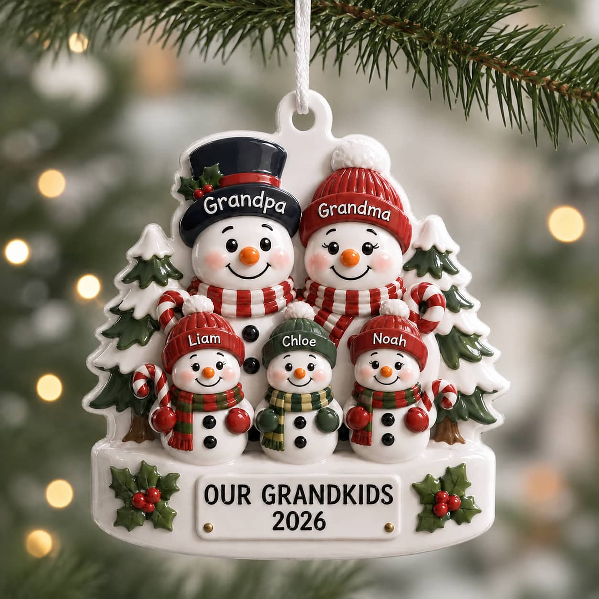 Snowman Grandparents and Grandkids Christmas Tree Keepsake - 3D Relief Ornament
