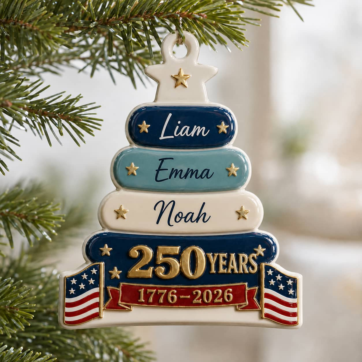 USA 250 Years 1776-2026 Patriotic Christmas Family Tree Keepsake - 3D Relief Ornament