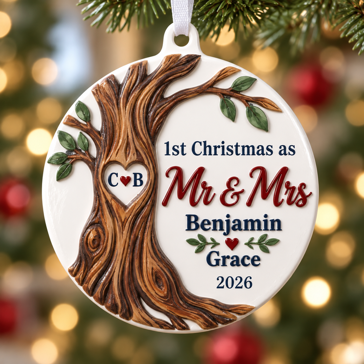 First Christmas as Mr and Mrs Round Holiday Hanging Decoration with Carved Tree Trunk - 3D Relief Ornament