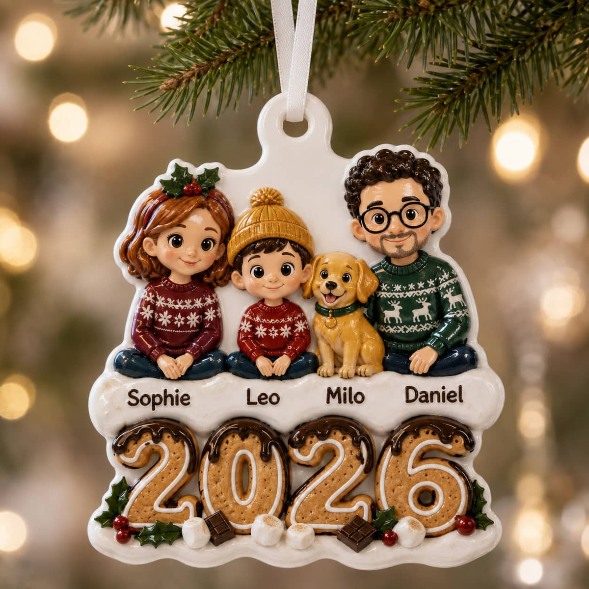 Family and Dog Christmas Tree Keepsake, 2026 Gingerbread Holiday Decor - 3D Relief Ornament