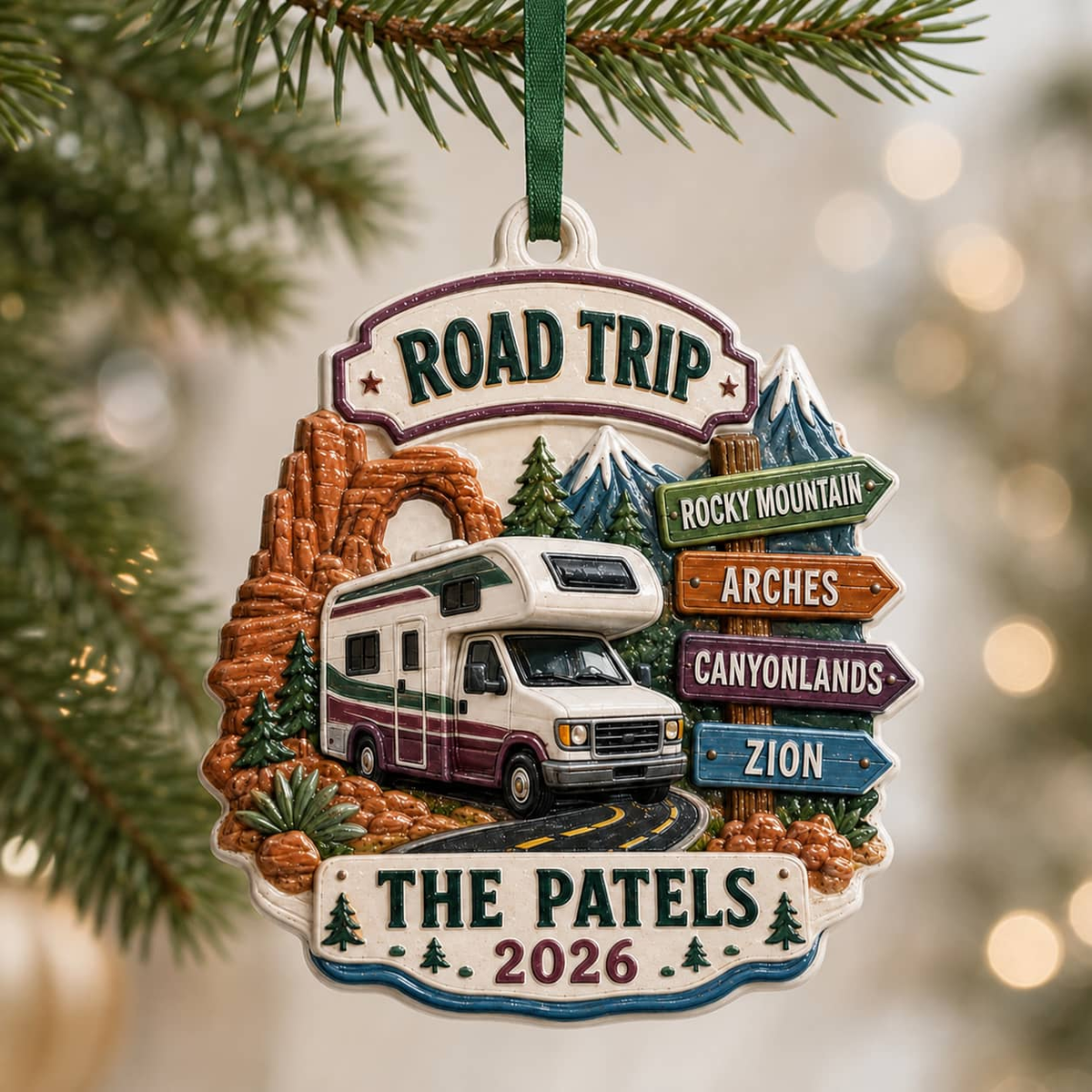 Road Trip Camper Keepsake, Motorhome and National Park Signs Hanging Decor - 3D Relief Ornament