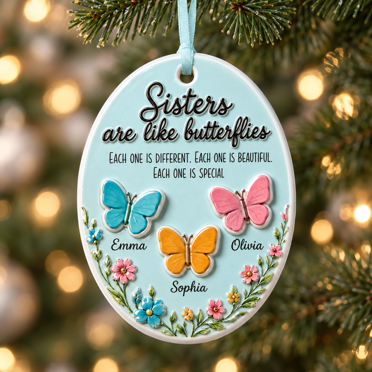 Sisters Are Like Butterflies Oval Light Blue Floral Hanging Keepsake - 3D Relief Ornament