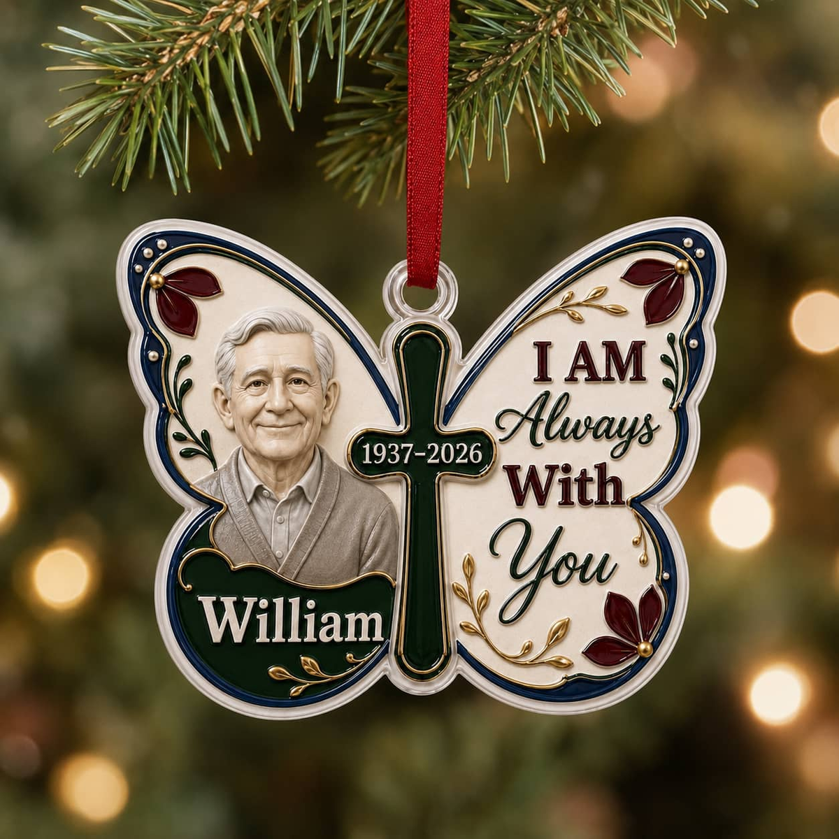 Memorial Butterfly Cross Hanging Tree Decor, I Am Always With You Keepsake - 3D Relief Ornament