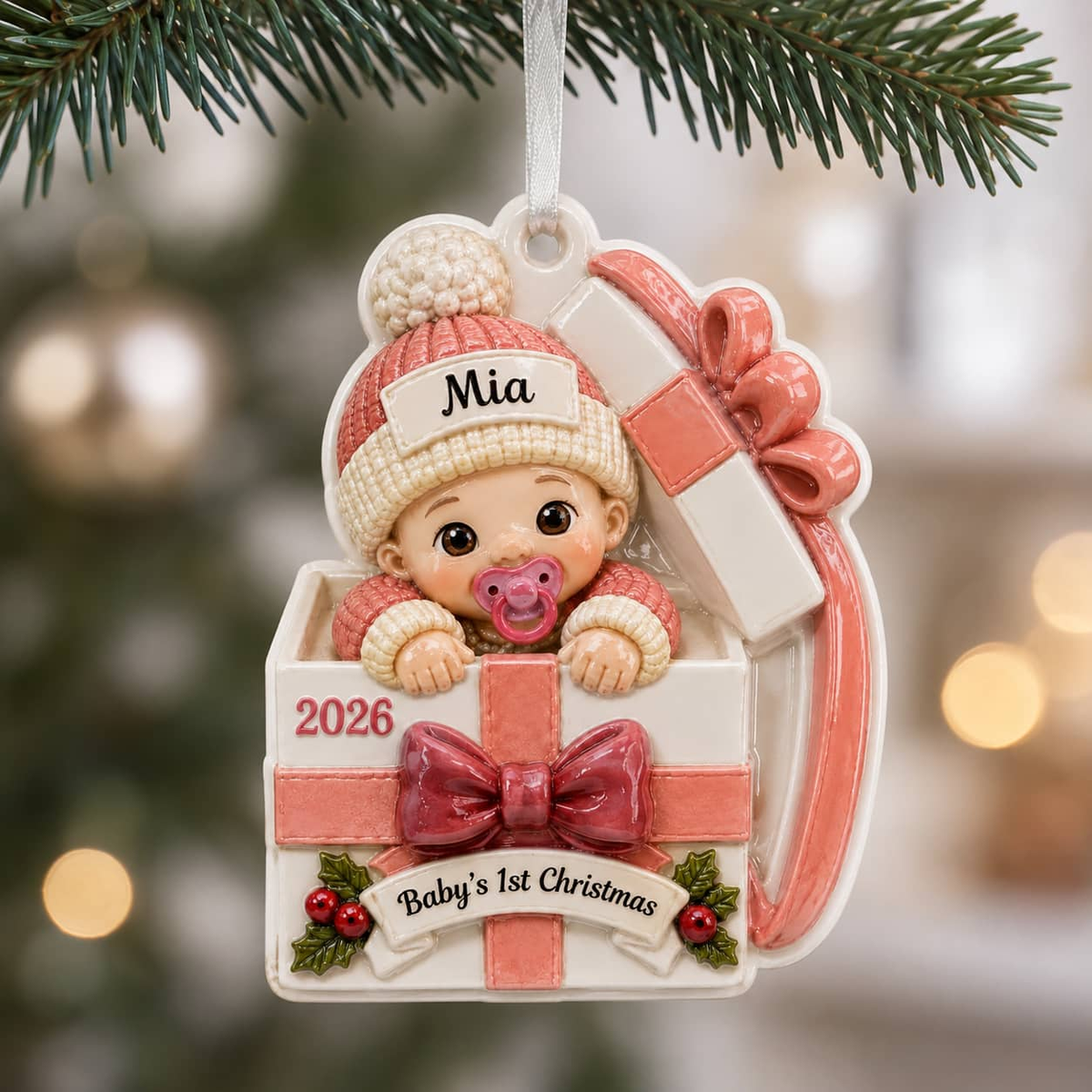 Baby's First Christmas Infant in Pink Present Box Holiday Keepsake - 3D Relief Ornament