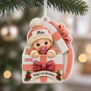 Baby's First Christmas Infant in Pink Present Box Holiday Keepsake - 3D Relief Ornament