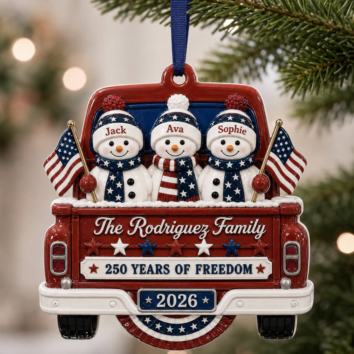 Christmas Snowman Pickup Truck Holiday Decor, Patriotic Red White Blue Design - 3D Relief Ornament