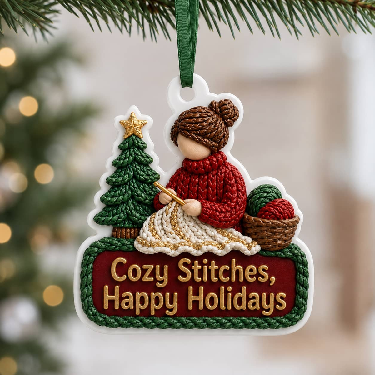 Knitting Woman Christmas Tree Decoration with Yarn Basket and Ribbon - 3D Relief Ornament