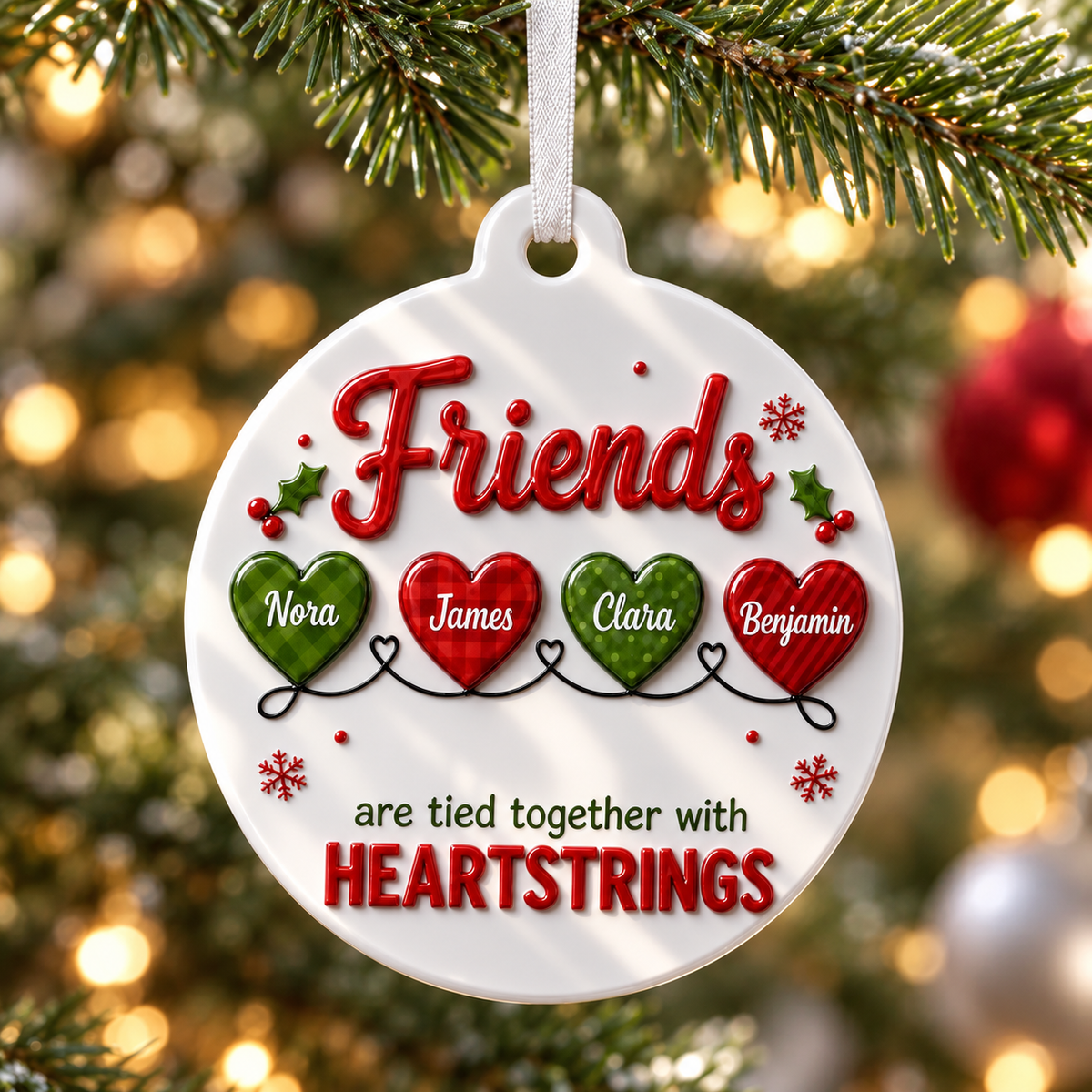 Friends Heartstrings Christmas Tree Holiday Decor, Oval White Design with Raised Red Green Details - 3D Relief Ornament