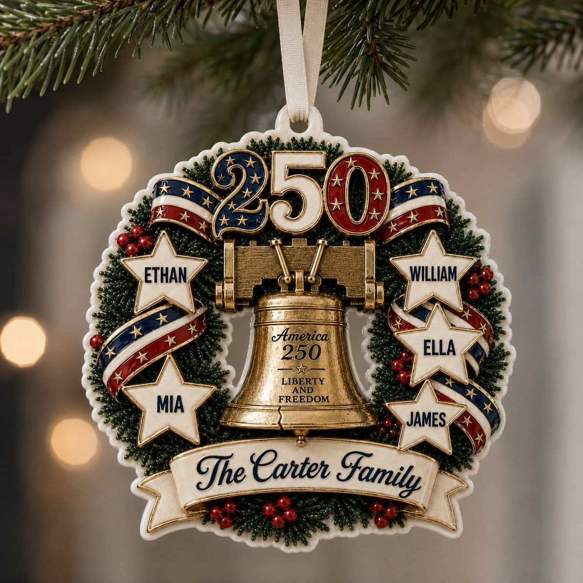 Patriotic Liberty Bell Wreath 250th Anniversary Stars and Ribbon Decor - 3D Relief Ornament