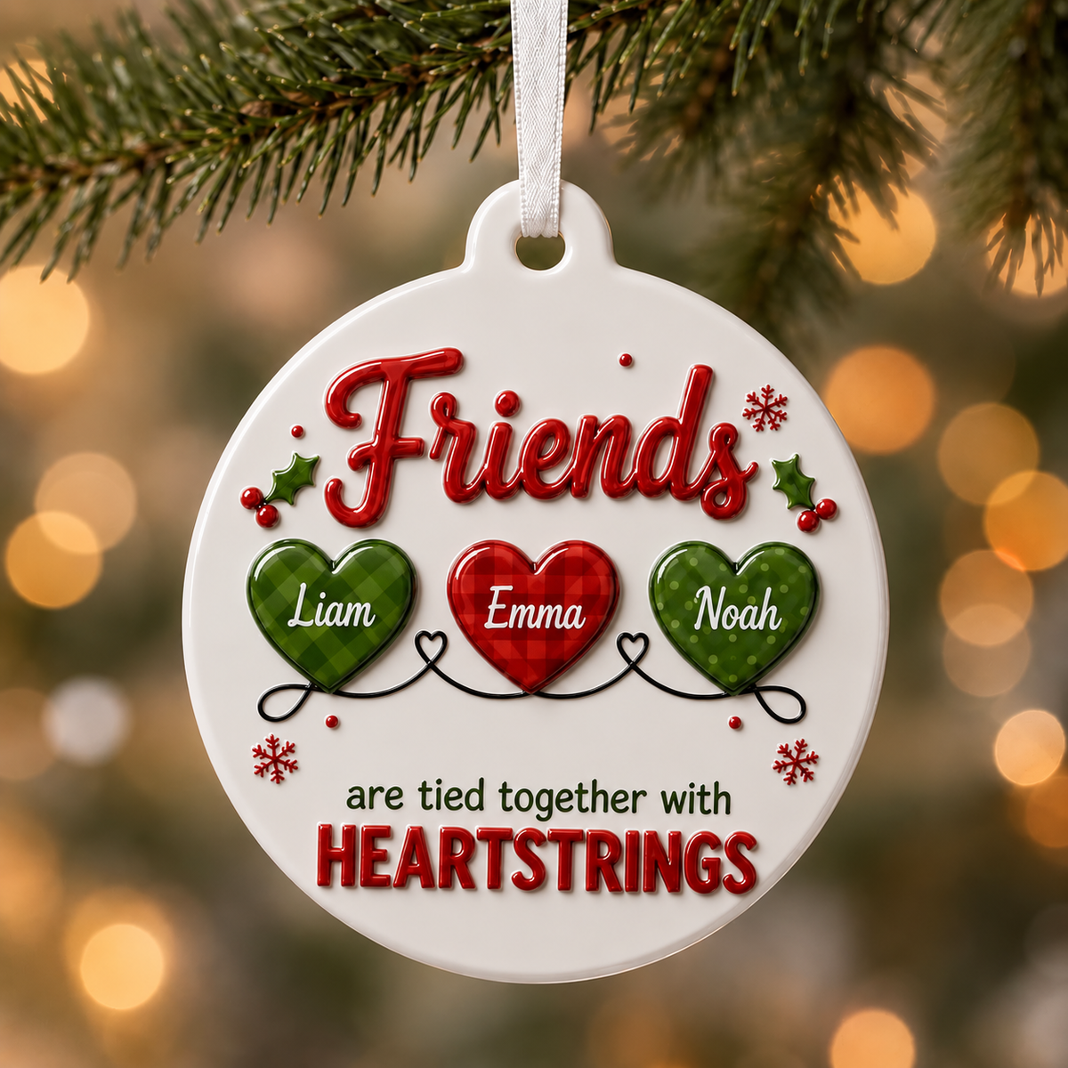 Friends Heartstrings Christmas Tree Holiday Decor, Oval White Design with Raised Red Green Details - 3D Relief Ornament