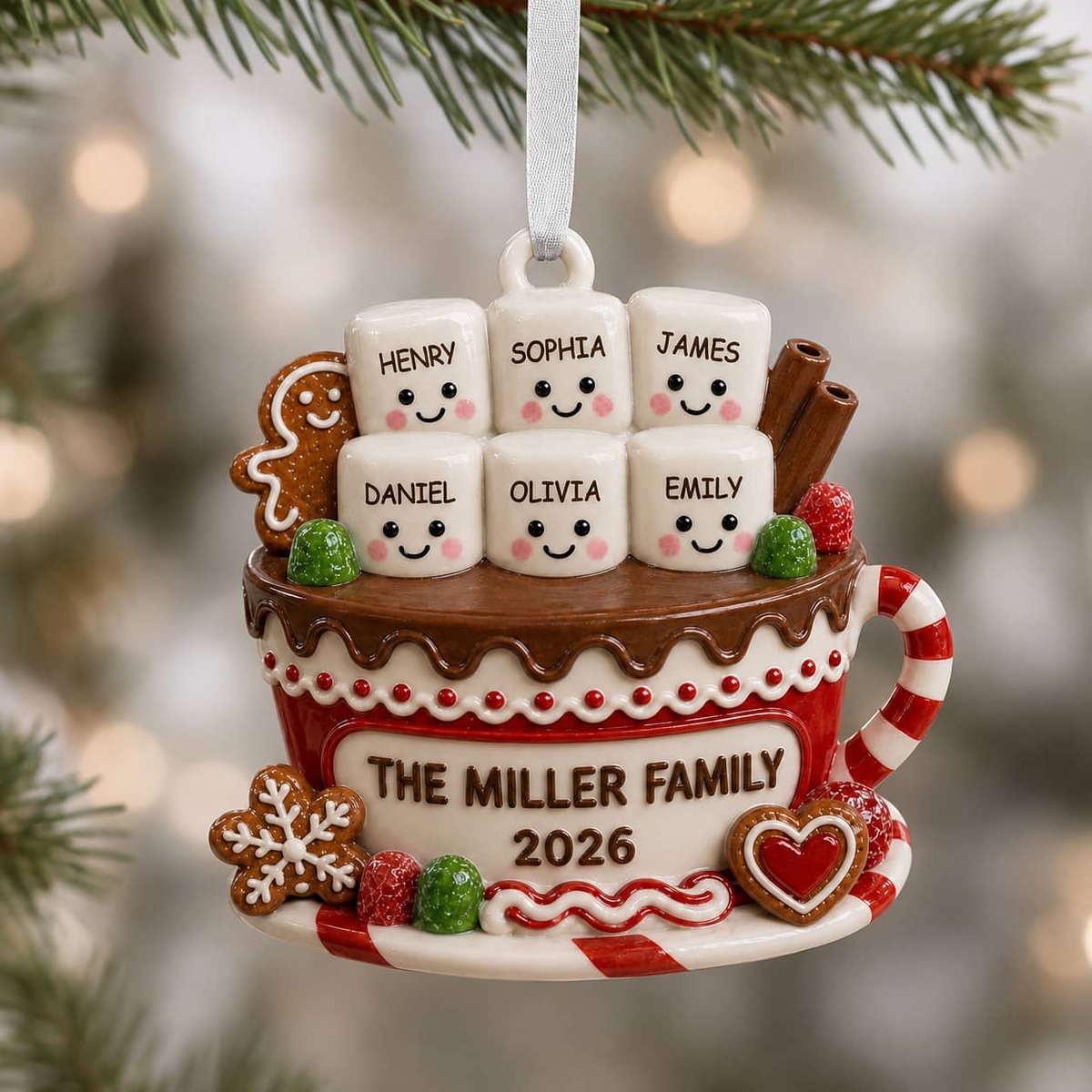 Hot Chocolate Mug Family Marshmallow Christmas Keepsake - 3D Relief Ornament