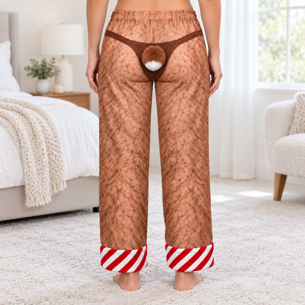 Pajama Pants Christmas Reindeer Hairy Leg Graphic Holiday Loungewear
