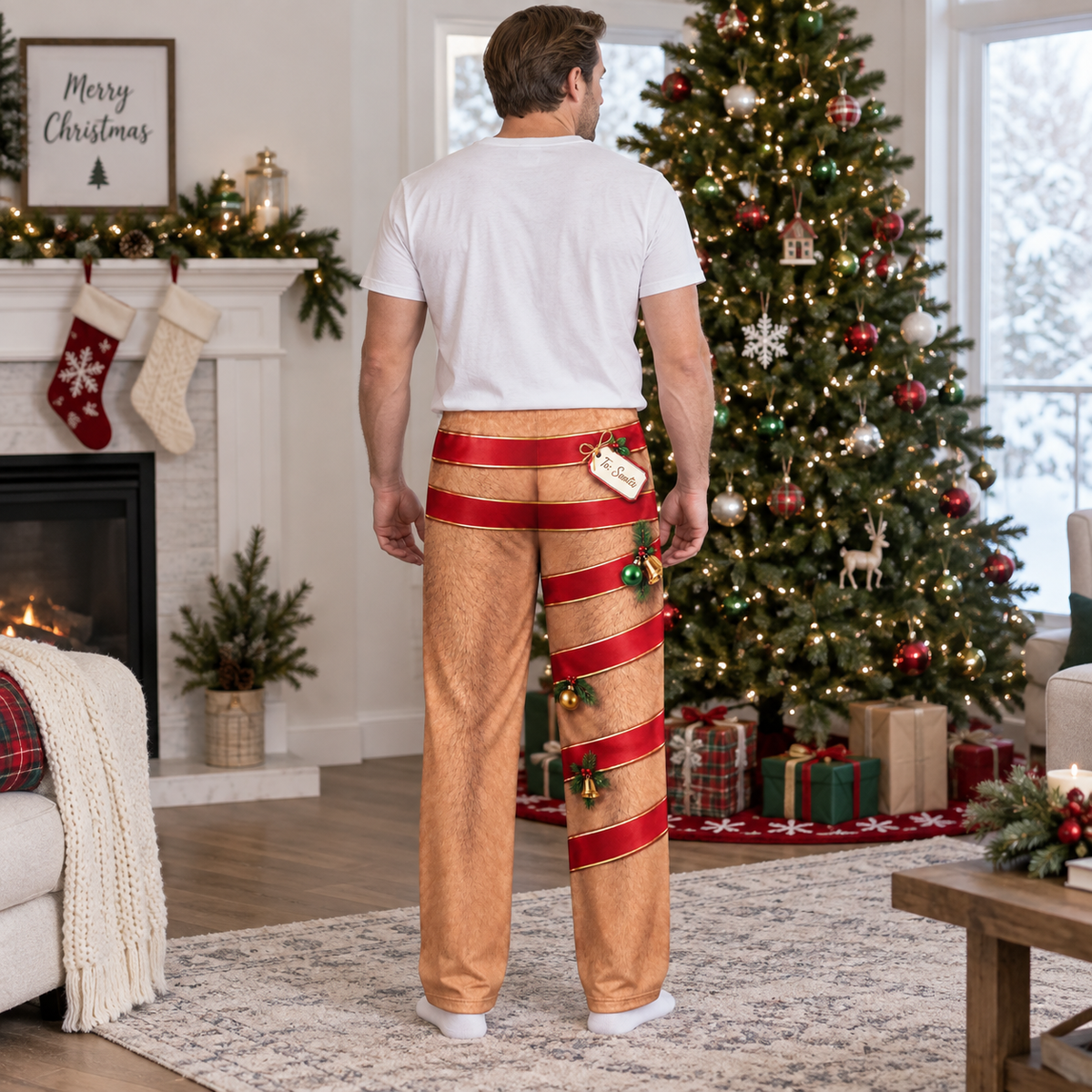Christmas Pajama Pants Novelty Hairy Leg Ribbon Print Lounge Bottoms