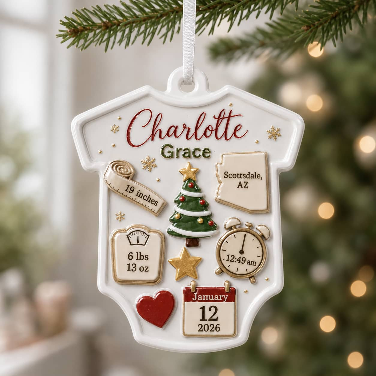 Baby Bodysuit Birth Stats Christmas Keepsake Hanging Holiday Decor - 3D Relief Ornament