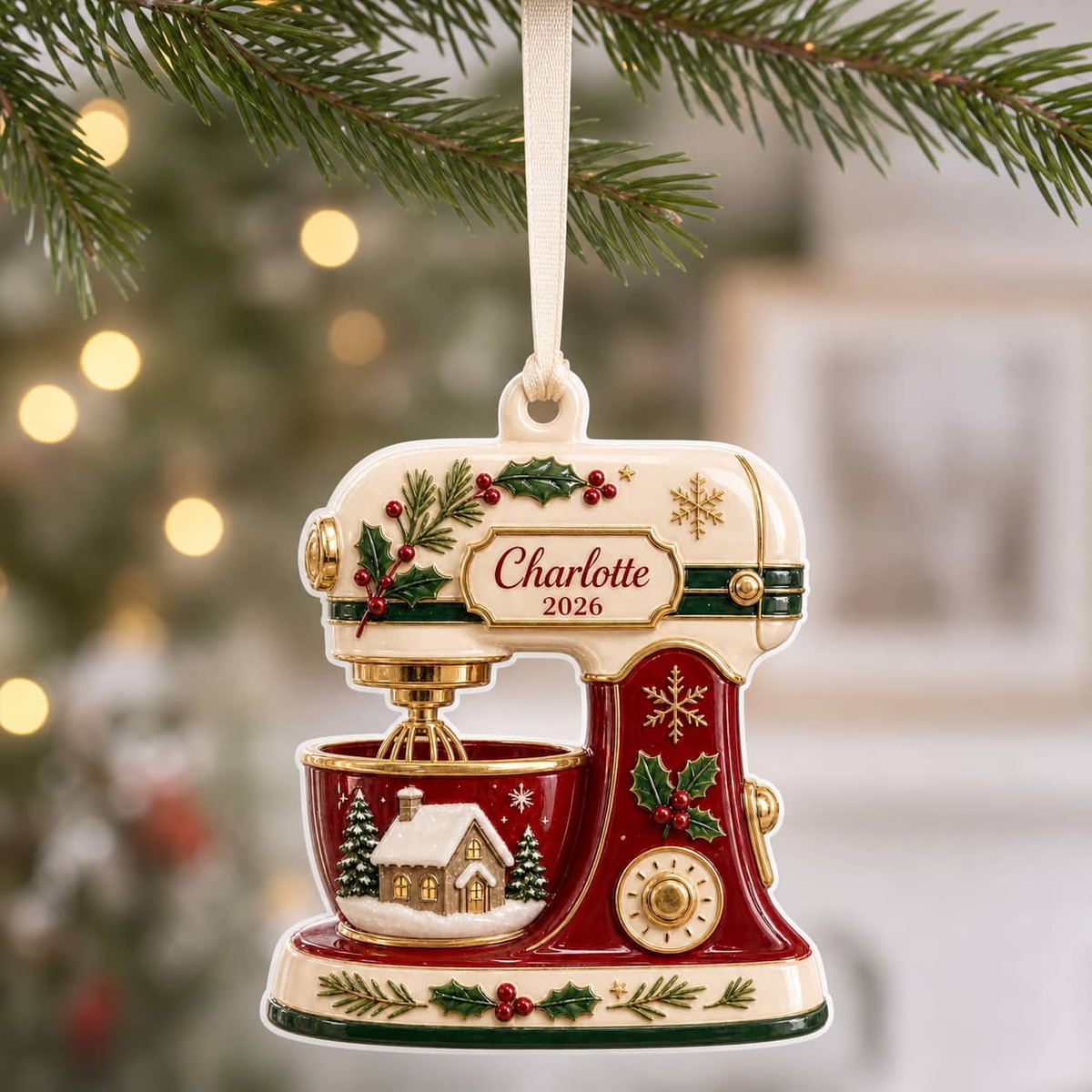 Vintage Kitchen Baking Stand Mixer in Red and Cream with Winter Cottage Scene - 3D Relief Ornament