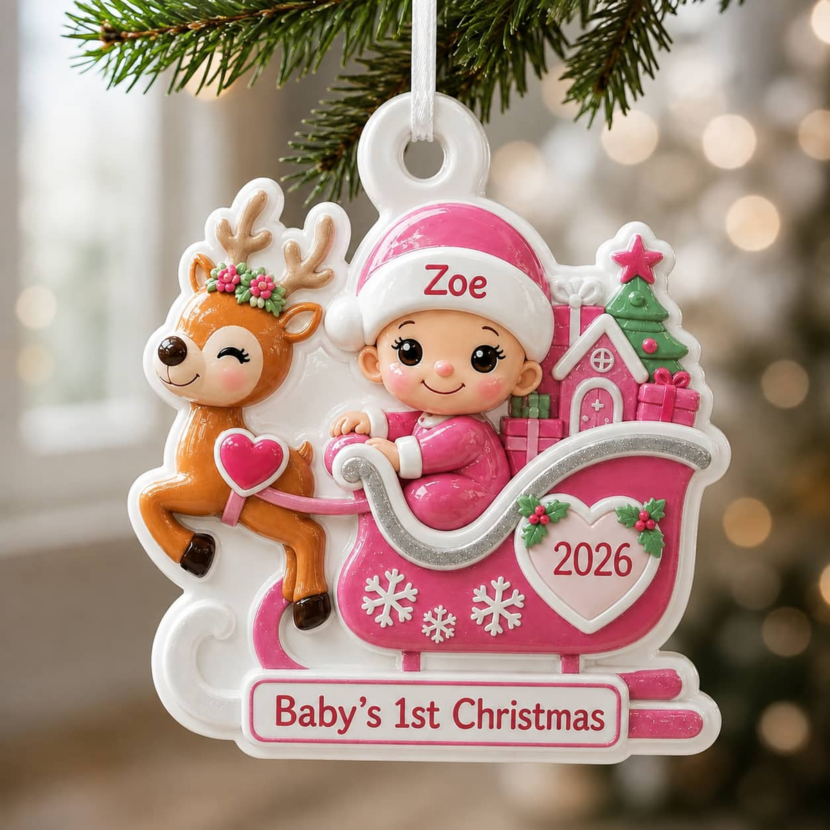 Baby's First Christmas Pink Reindeer Sleigh Holiday Keepsake - 3D Relief Ornament