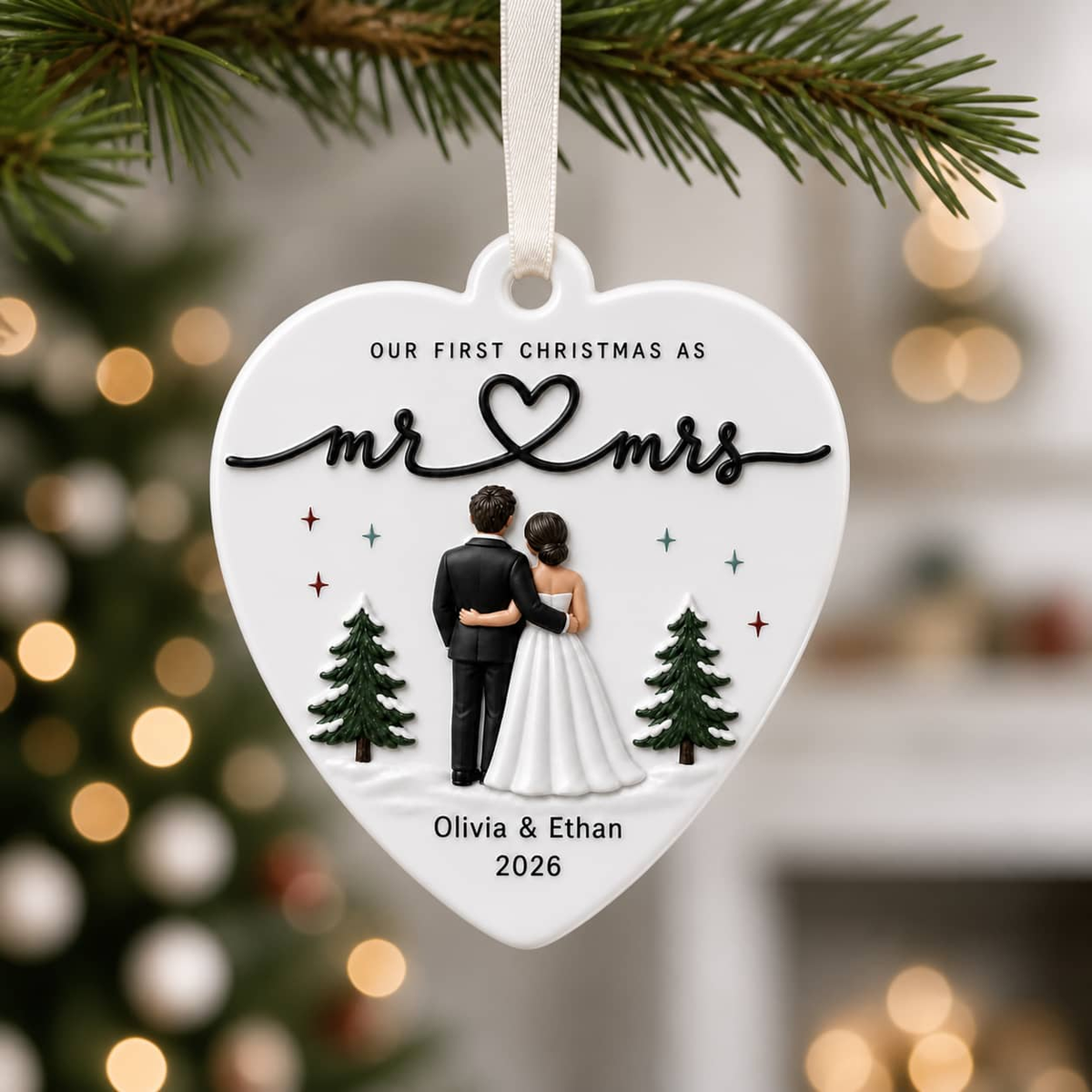 First Christmas Mr and Mrs Wedding Couple Heart Keepsake - 3D Relief Ornament