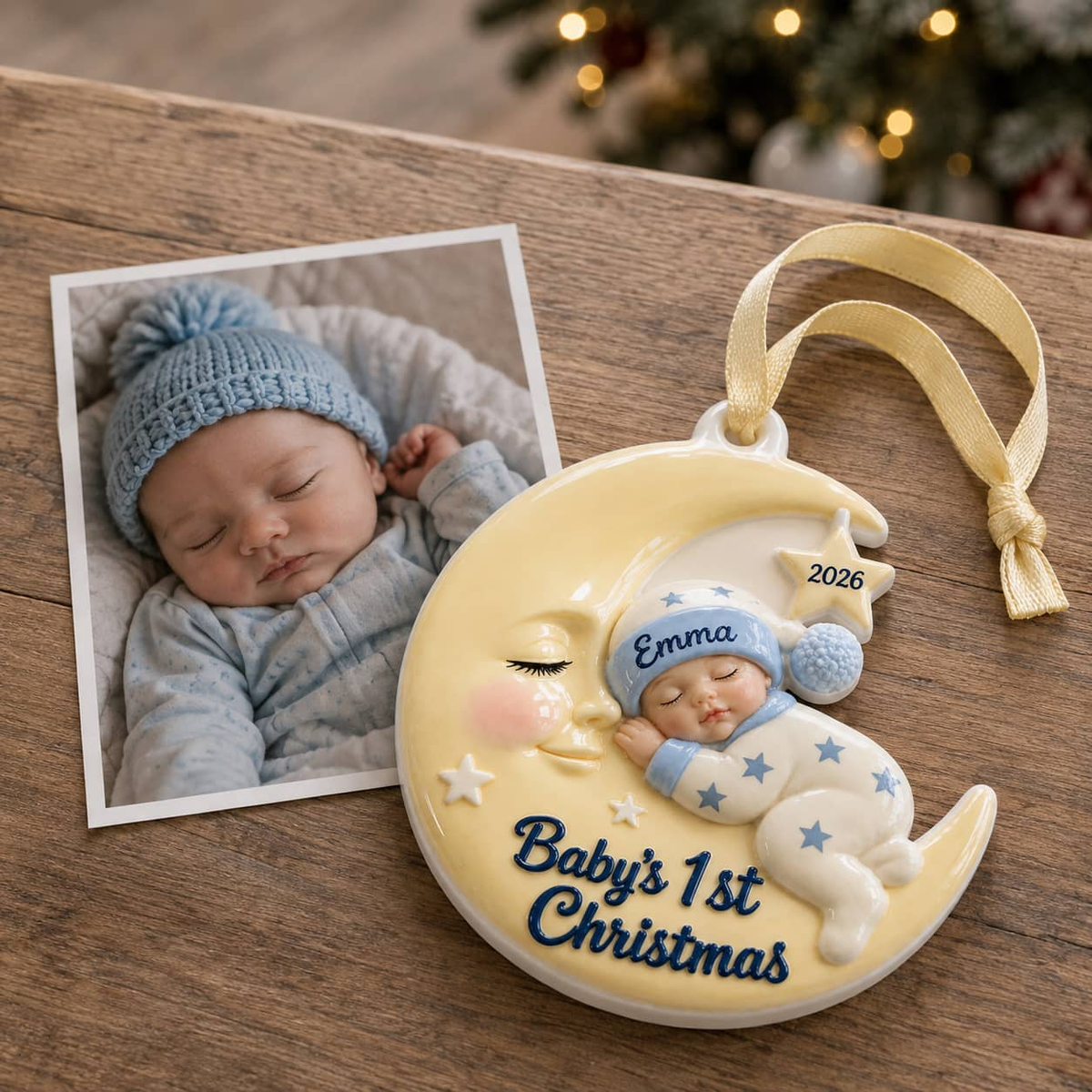 Baby's First Christmas Sleeping Infant on Crescent Moon Holiday Keepsake - 3D Relief Ornament