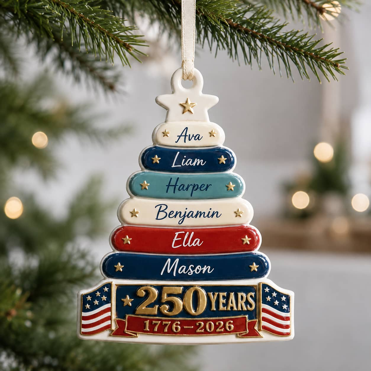 USA 250 Years 1776-2026 Patriotic Christmas Family Tree Keepsake - 3D Relief Ornament