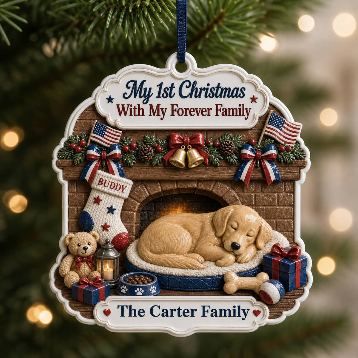 Holiday Tree Decoration, First Christmas Sleeping Puppy by Fireplace - 3D Relief Ornament