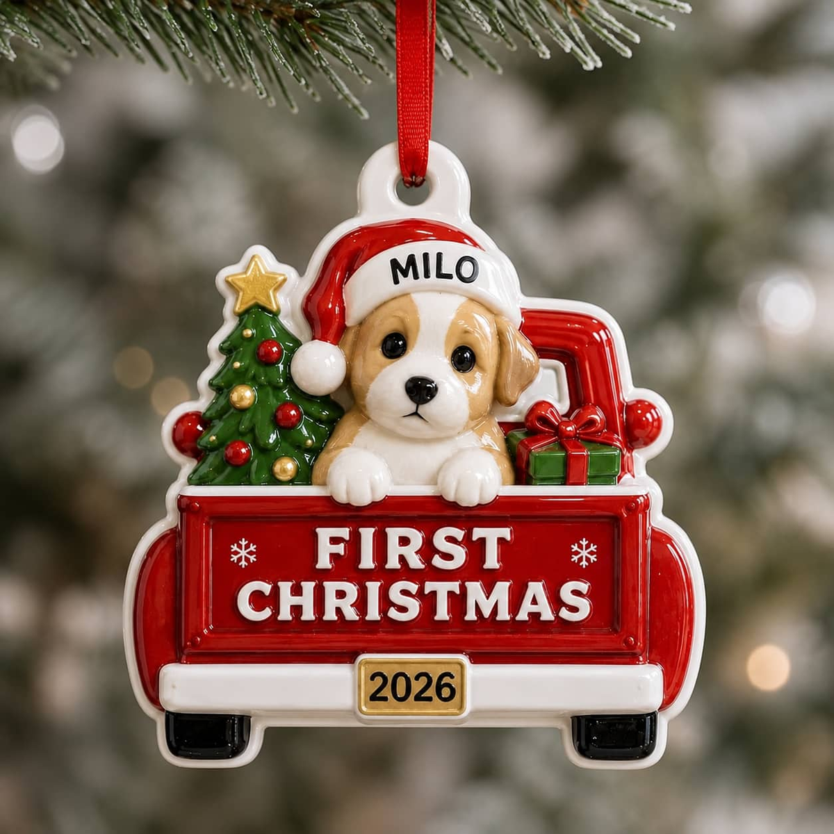 First Christmas 2026 Red Truck Puppy Christmas Tree Decoration, Red 3D Relief Design - 3D Relief Ornament