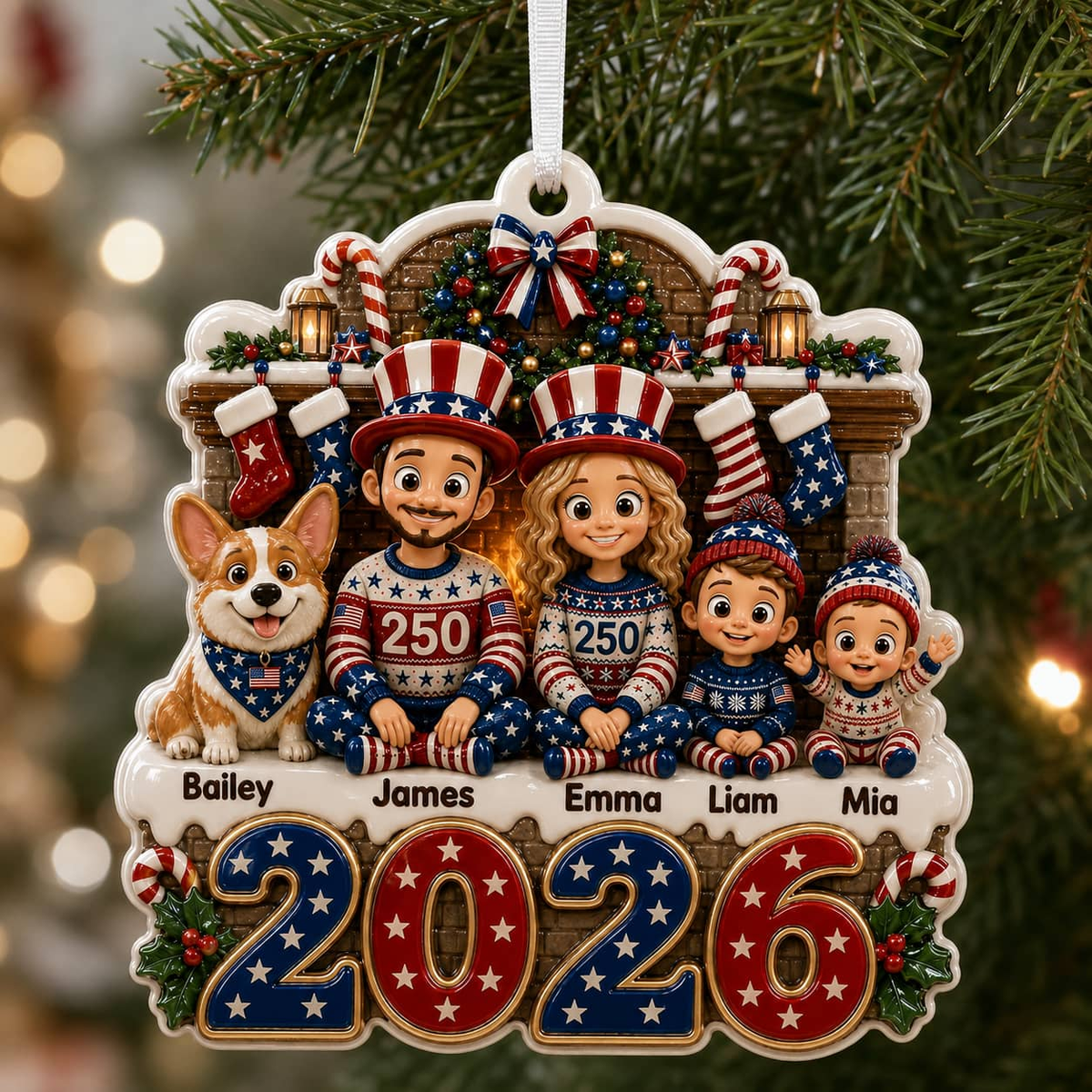 Christmas Family Decoration with Cartoon Family and Dog, 2026 Patriotic Red White Blue Design - 3D Relief Ornament