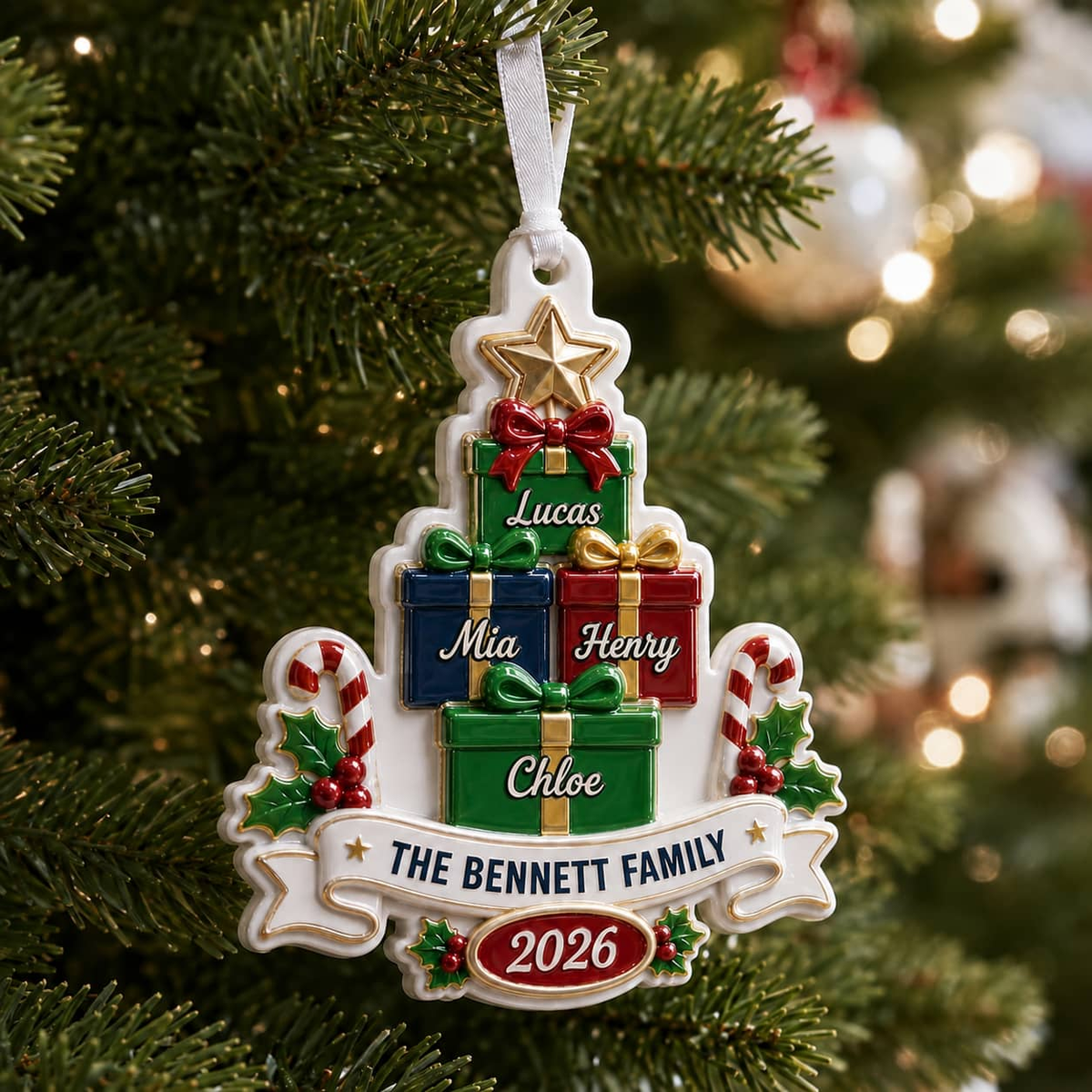 Personalized Christmas Tree Family Decoration with Stacked Gifts, 2026 Holiday Family Name Design - 3D Relief Ornament