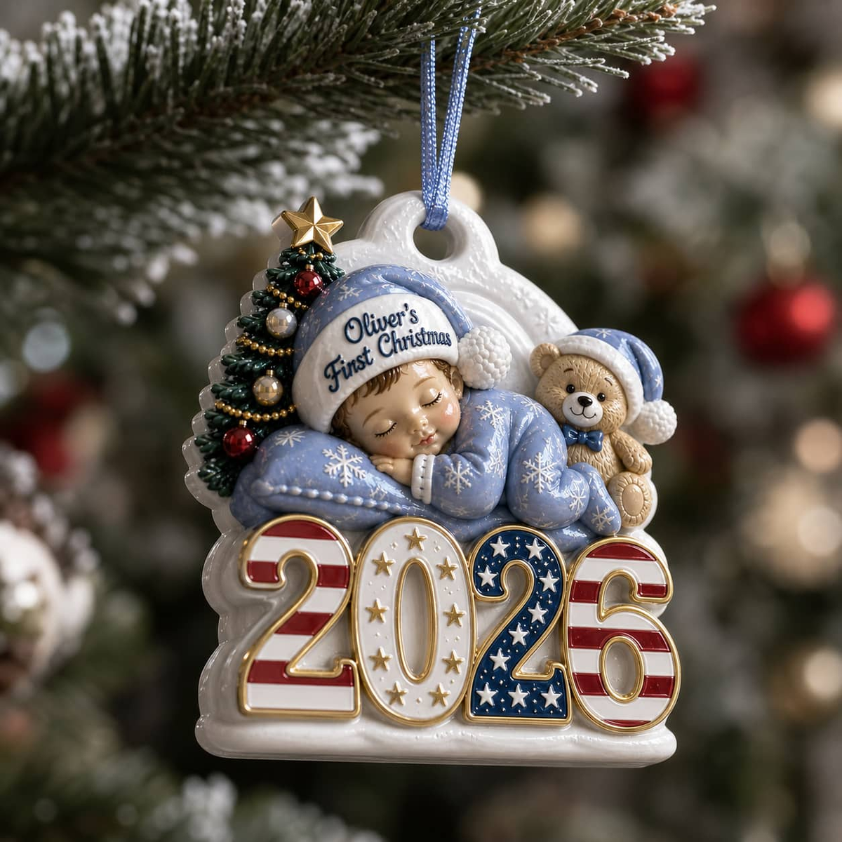 Baby's First Christmas 2026 Sleeping Boy with Teddy Bear, Patriotic Stars and Stripes - 3D Relief Ornament