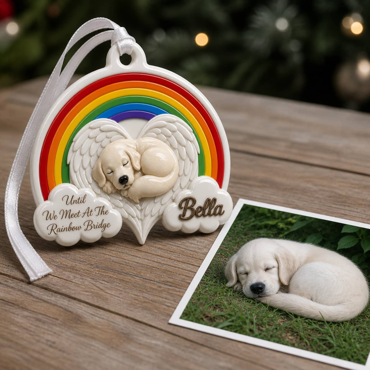 Dog Memorial Keepsake, Sleeping Angel Puppy with Rainbow Bridge Hanging Decor - 3D Relief Ornament