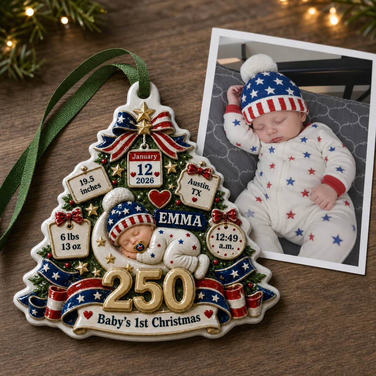 Baby's First Christmas Tree Keepsake, America 250 Patriotic Birth Stats - 3D Relief Ornament