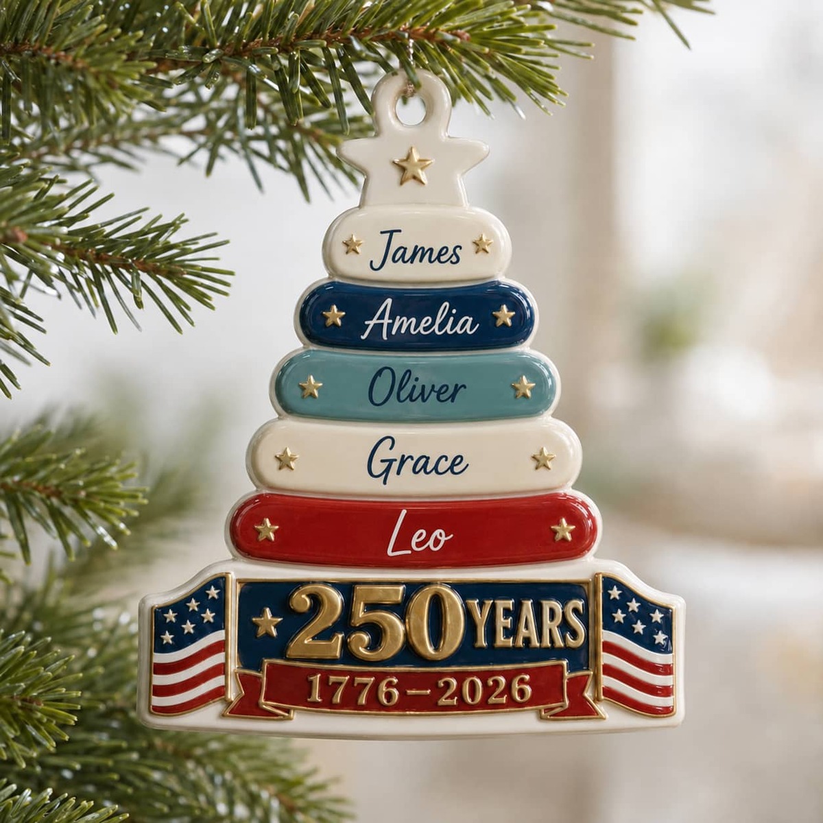 USA 250 Years 1776-2026 Patriotic Christmas Family Tree Keepsake - 3D Relief Ornament