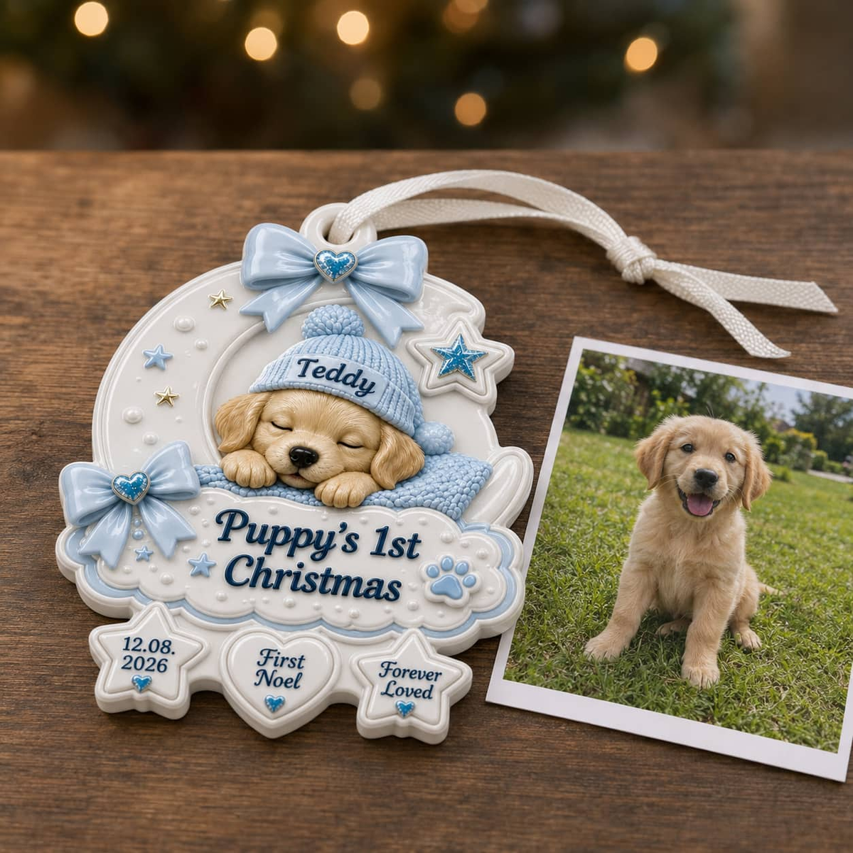 Puppy’s First Christmas Crescent Moon Holiday Decor, Blue Bow and Sleeping Puppy Design - 3D Relief Ornament