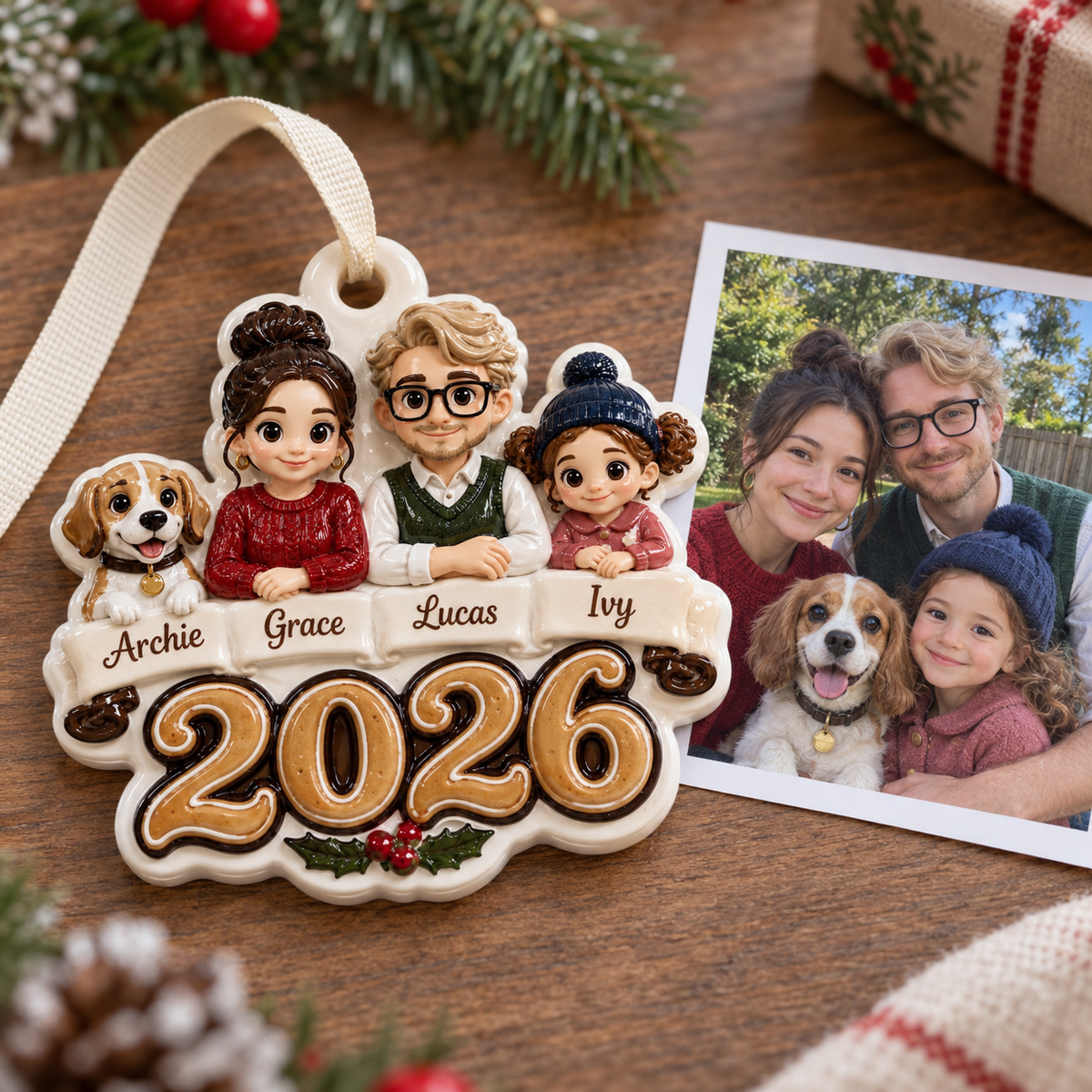 Family and Dog Christmas Tree Keepsake, Holiday Hanging Decor - 3D Relief Ornament