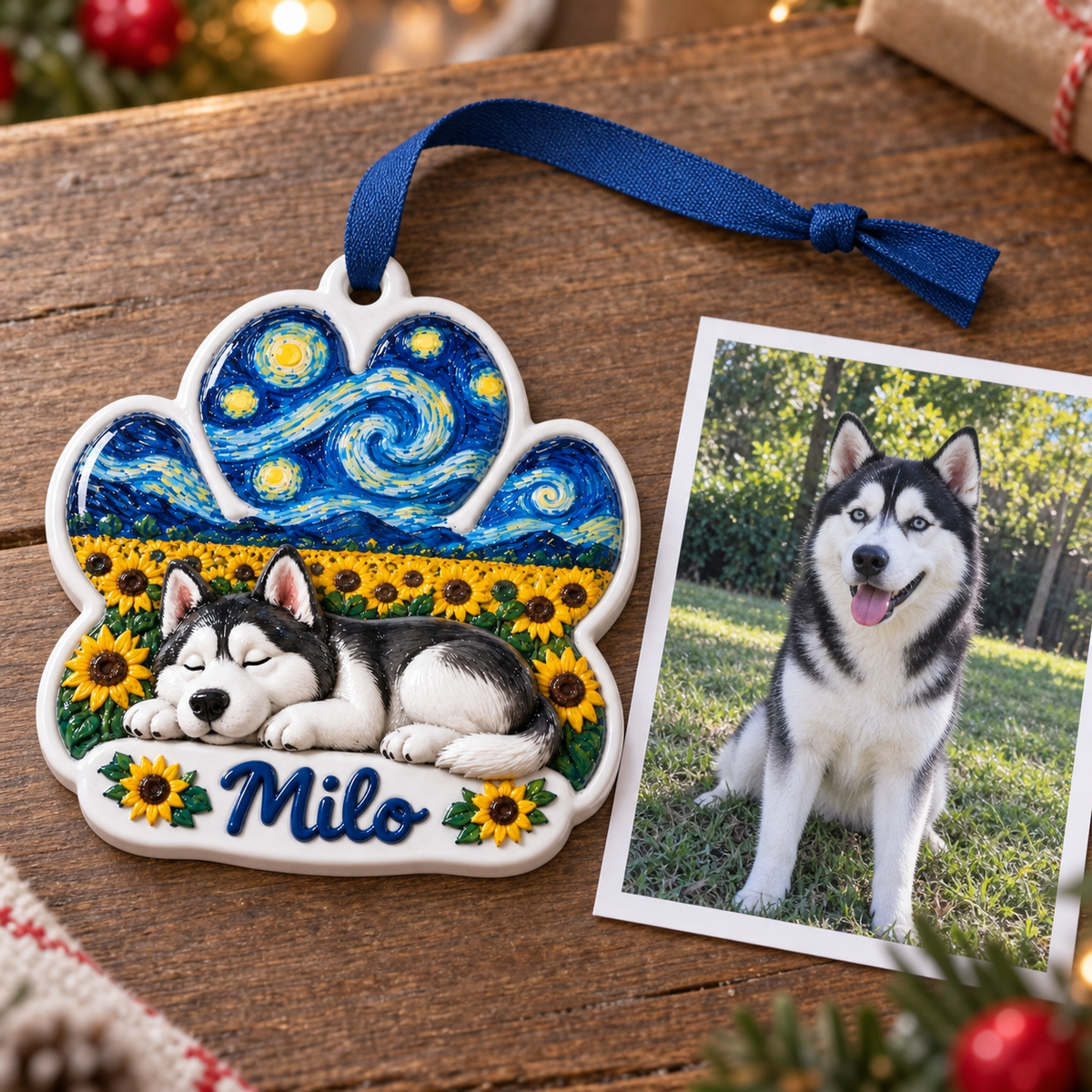 Sleeping Dog Paw Print Sunflower Christmas Tree Hanging Decor - 3D Relief Ornament